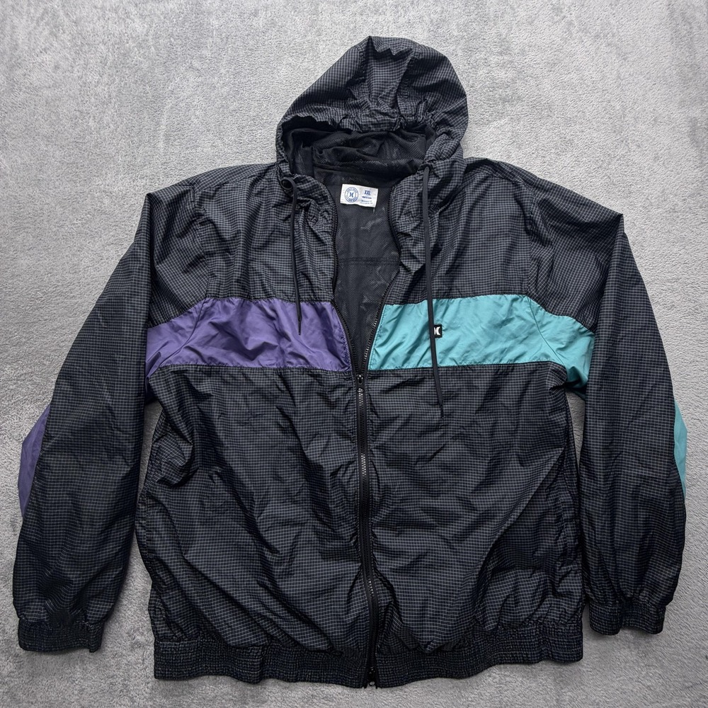 Hurley Jacket‎ Mens 2XL Black Teal Purple Colorblock Hooded Windbreaker